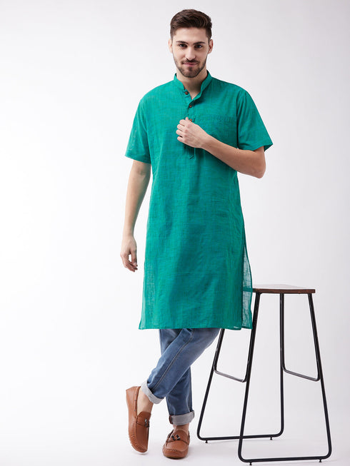 Vastramay Men's Solid Turquoise Pure Cotton Kurta