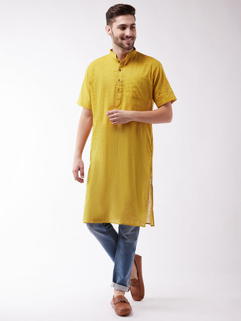 Vastramay Men's Solid Yellow Pure Cotton Kurta