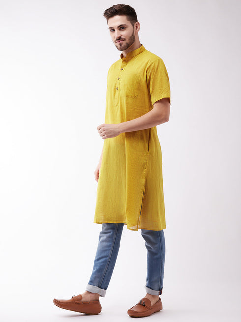 Vastramay Men's Solid Yellow Pure Cotton Kurta