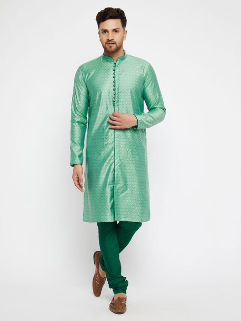 Vastramay Men's Green Silk Blend Kurta Pyjama Set