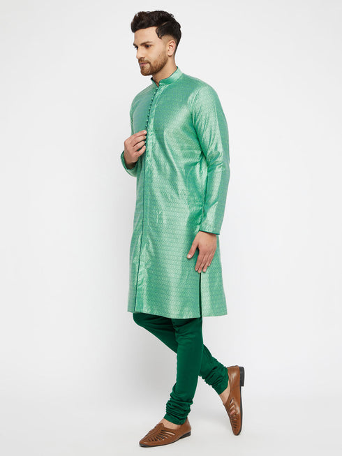 Vastramay Men's Green Silk Blend Kurta Pyjama Set