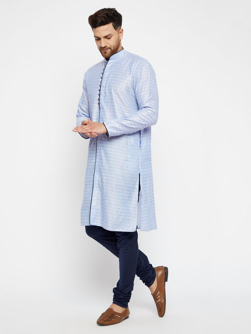 Vastramay Men's Lavender And Navy Blue Silk Blend Kurta Pyjama Set