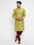 Vastramay Men's Mustard And Maroon Silk Blend Kurta Pyjama Set