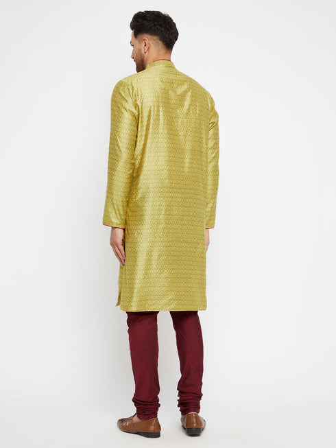 Vastramay Men's Mustard And Maroon Silk Blend Kurta Pyjama Set