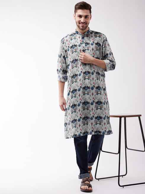 Vastramay Men's Printed Cotton Silk Blend Kurta