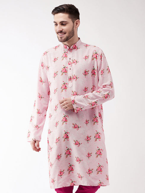 Vastramay Men's Multicolor-Base-Pink Muslin Blend Kurta