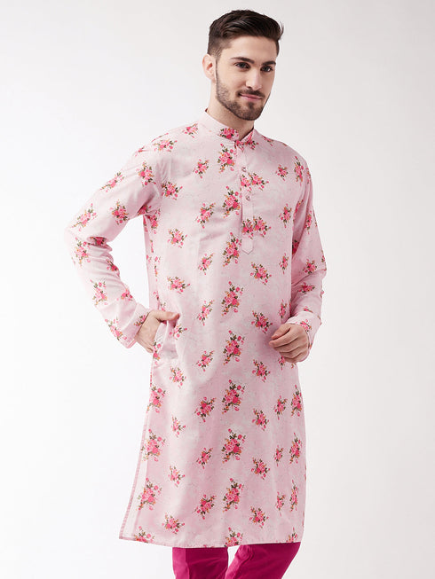Vastramay Men's Multicolor-Base-Pink Muslin Blend Kurta