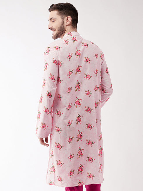 Vastramay Men's Multicolor-Base-Pink Muslin Blend Kurta