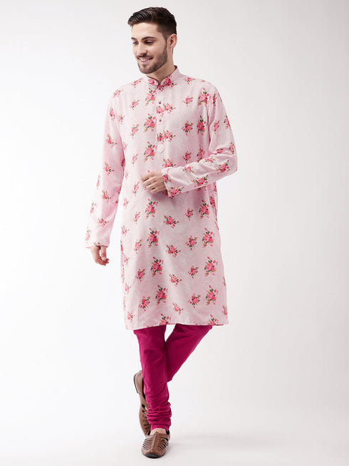 Vastramay Men's Multicolor-Base-Pink Muslin Blend Kurta Pyjama Set