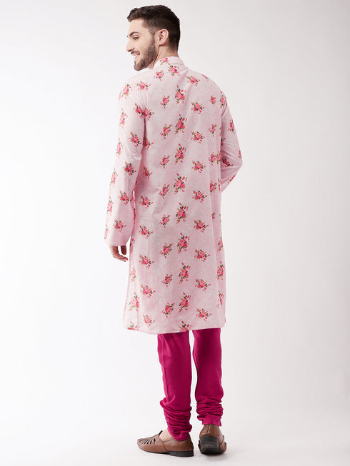 Vastramay Men's Multicolor-Base-Pink Muslin Blend Kurta Pyjama Set
