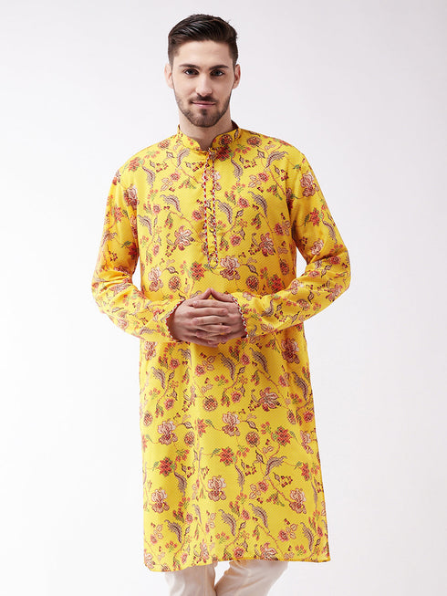 Vastramay Men's Floral Printed Multicolor-Base-Yellow Muslin Blend Kurta