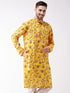 Vastramay Men's Floral Printed Multicolor-Base-Yellow Muslin Blend Kurta