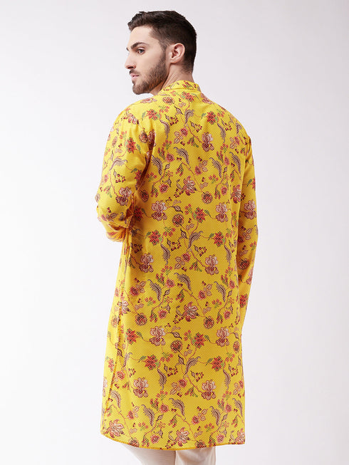 Vastramay Men's Floral Printed Multicolor-Base-Yellow Muslin Blend Kurta
