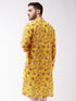 Vastramay Men's Floral Printed Multicolor-Base-Yellow Muslin Blend Kurta