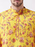 Vastramay Men's Floral Printed Multicolor-Base-Yellow Muslin Blend Kurta