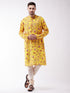 Vastramay Men's Floral Printed Multicolor-Base-Yellow Muslin Blend Kurta And Pyjama Set