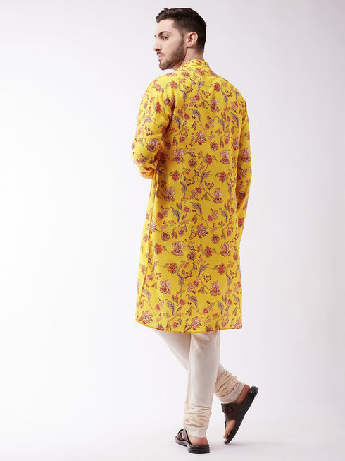 Vastramay Men's Floral Printed Multicolor-Base-Yellow Muslin Blend Kurta And Pyjama Set