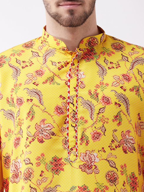 Vastramay Men's Floral Printed Multicolor-Base-Yellow Muslin Blend Kurta And Pyjama Set