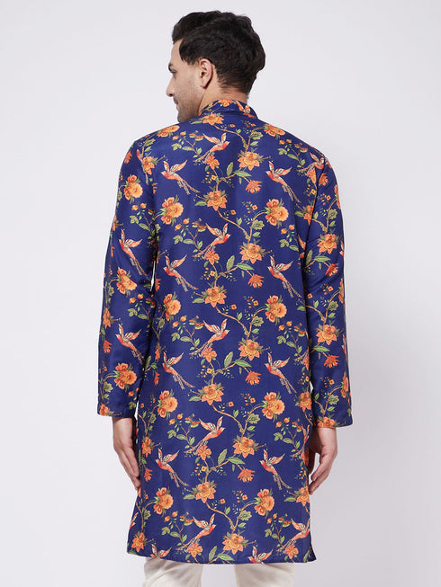 Vastramay Men's Multicolor-Base-Navy Blue Muslin Blend Kurta