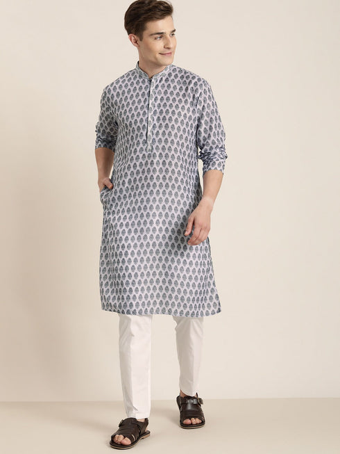 Vastramay Men's Grey Cotton Blend Kurta And White Pyjama Set