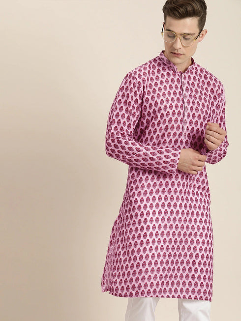 Vastramay Men's Pink Cotton Blend Kurta And White Pyjama Set