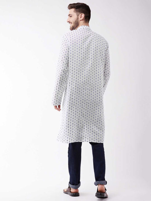 Vastramay Men's White And Blue Cotton Kurta