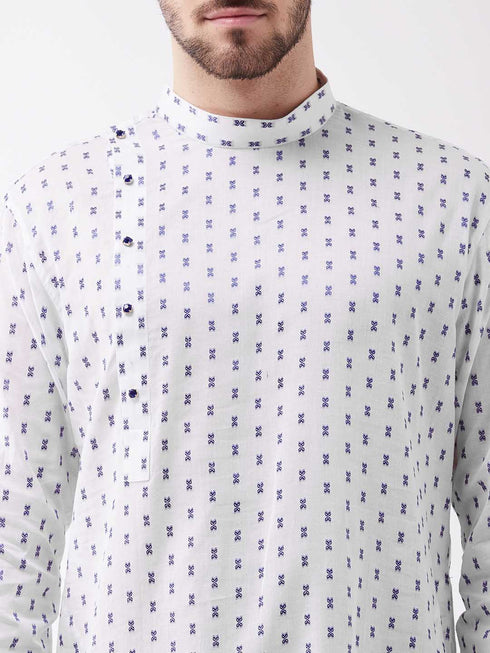 Vastramay Men's White And Blue Cotton Kurta