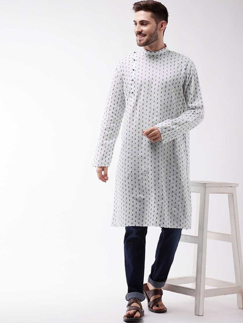 Vastramay Men's White And Blue Cotton Kurta