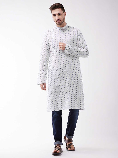 Vastramay Men's White And Blue Cotton Kurta