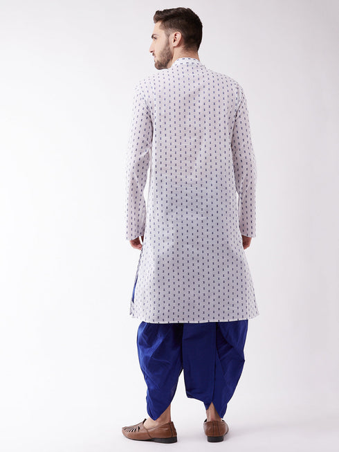 Vastramay Men's White And Blue Cotton Kurta And Dhoti Set