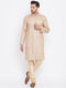 Vastramay Men's Beige And Gold Silk Blend Kurta Pyjama Set