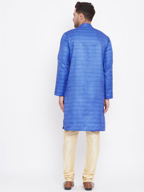 Vastramay Men's Blue And Gold Silk Blend Kurta Pyjama Set