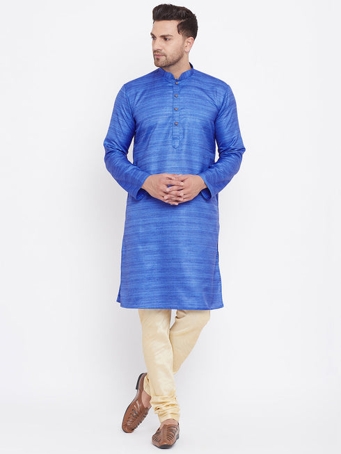 Vastramay Men's Blue And Gold Silk Blend Kurta Pyjama Set