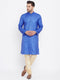 Vastramay Men's Blue And Gold Silk Blend Kurta Pyjama Set