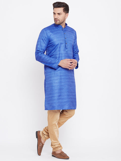 Vastramay Men's Blue And Rose Gold Silk Blend Kurta Pyjama Set