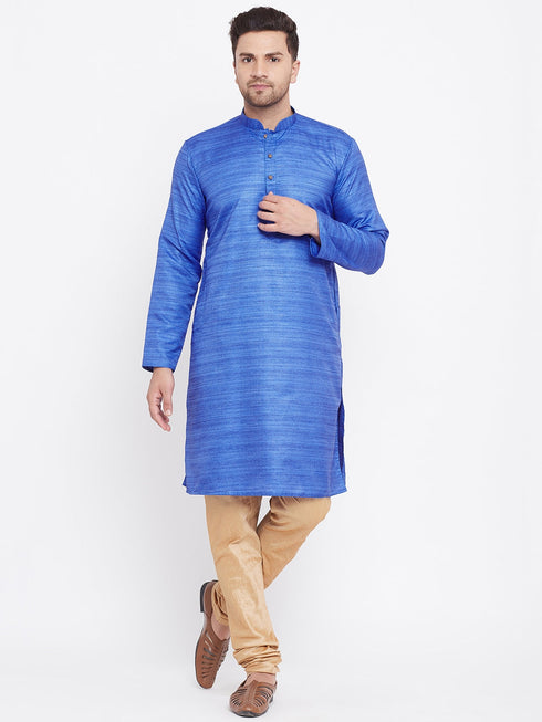 Vastramay Men's Blue And Rose Gold Silk Blend Kurta Pyjama Set