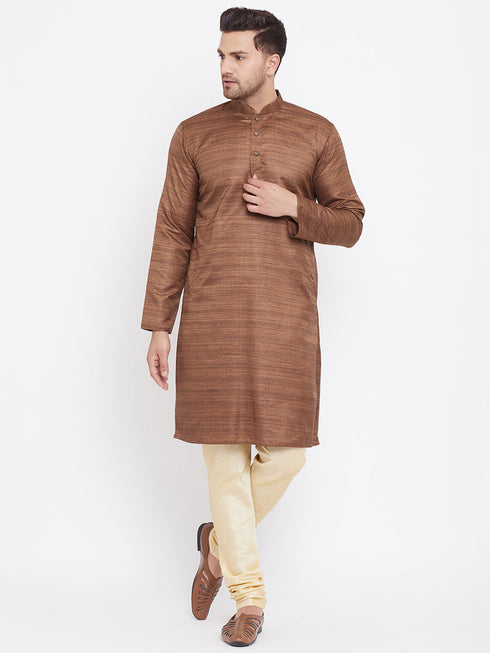 Vastramay Men's Coffee Brown And Gold Silk Blend Kurta Pyjama Set