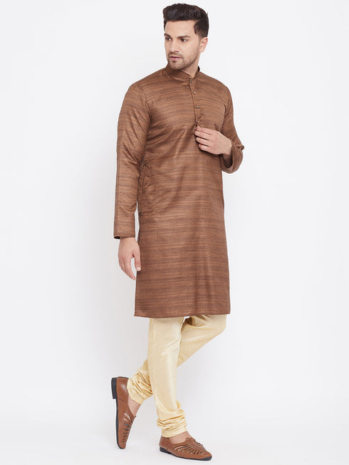 Vastramay Men's Coffee Brown And Gold Silk Blend Kurta Pyjama Set