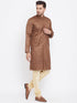 Vastramay Men's Coffee Brown And Gold Silk Blend Kurta Pyjama Set