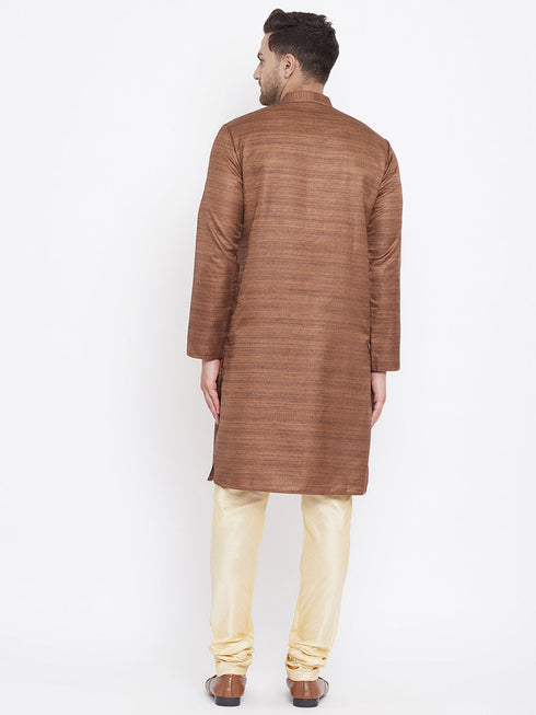 Vastramay Men's Coffee Brown And Gold Silk Blend Kurta Pyjama Set
