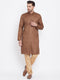 Vastramay Men's Coffee Brown And Rose Gold Silk Blend Kurta Pyjama Set