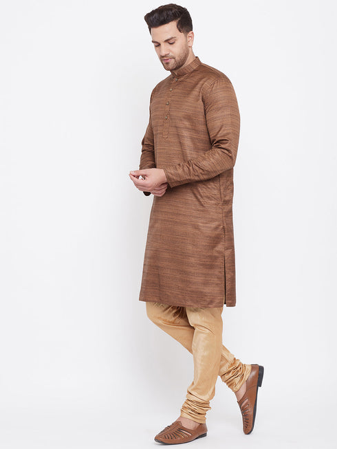 Vastramay Men's Coffee Brown And Rose Gold Silk Blend Kurta Pyjama Set