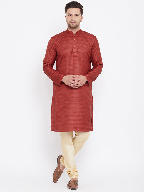 Vastramay Men's Maroon And Gold Silk Blend Kurta Pyjama Set