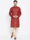 Vastramay Men's Maroon And Gold Silk Blend Kurta Pyjama Set