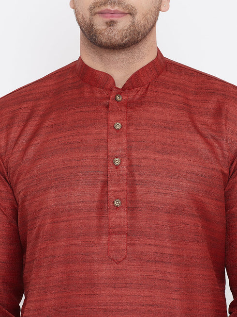 Vastramay Men's Maroon And Gold Silk Blend Kurta Pyjama Set