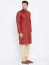 Vastramay Men's Maroon And Gold Silk Blend Kurta Pyjama Set