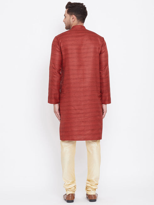 Vastramay Men's Maroon And Gold Silk Blend Kurta Pyjama Set