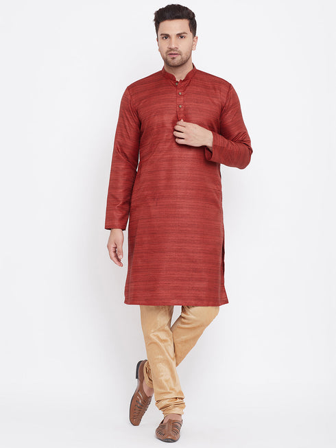 Vastramay Men's Maroon And Rose Gold Silk Blend Kurta Pyjama Set