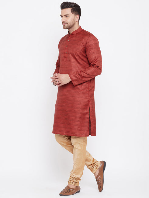 Vastramay Men's Maroon And Rose Gold Silk Blend Kurta Pyjama Set