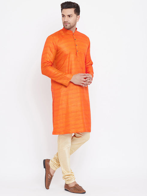 Vastramay Men's Orange And Gold Silk Blend Kurta Pyjama Set